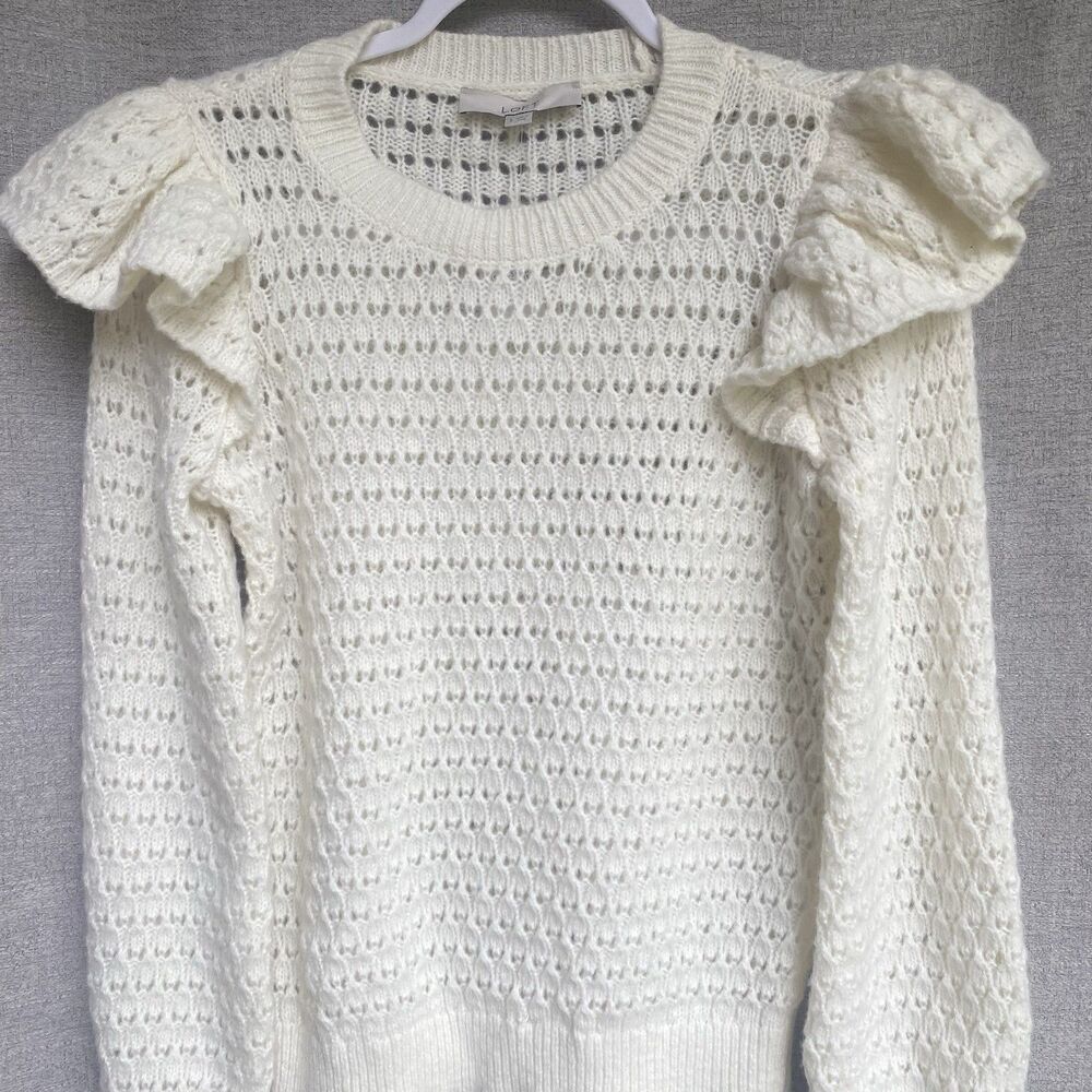 Ivory Pointelle Sweater Womens Small Knit Ruffle Sleeve Cottagecore Coquette NWT